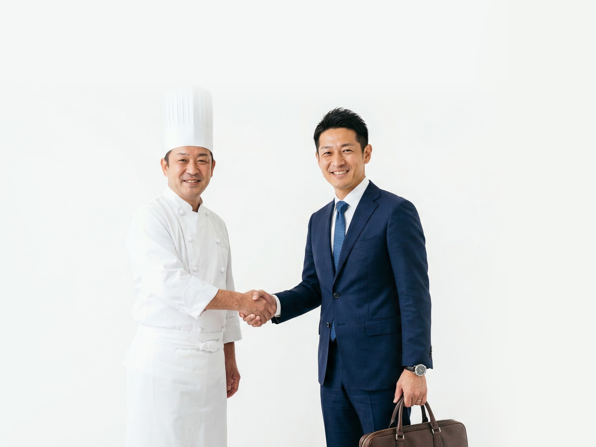 和モダンな店舗空間でタブレットを操作するスタッフ